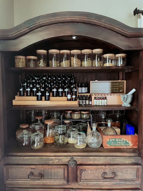 How To Build An Apothecary Cabinet, Apothecary Herb Storage, Home Apothecary Cabinet, Herb Medicine Cabinet, Herbalist Shelves, Apothecary Shelves Display, Home Apothecary Aesthetic, Apothecary Organization Ideas, Witch Herb Storage Ideas