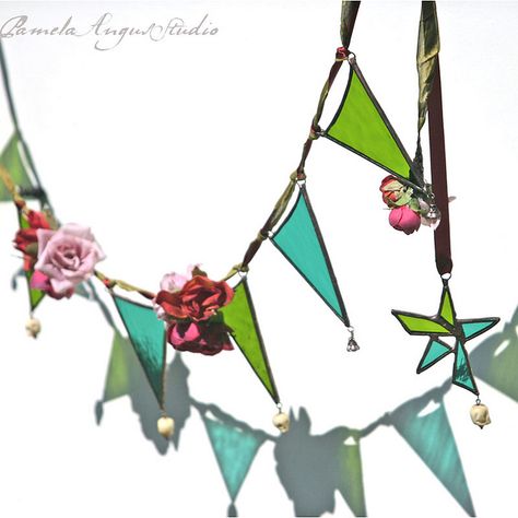 A Frida Garland - stained glass bunting by pamela.angus Tassel Mobile, Glass Garland, Sap Green, Skull Beads, Seam Binding, Stained Glass Jewelry, Glass Stars, Carved Bone, Beaded Curtains