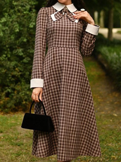 Vintage Style Women's Color Block Collared A-Line Dress, Checkered Pattern Long Sleeve Midi Dress, Coffee Brown Fall Clothes Winter Women Clothes Maroon Teacher Clothes Frenchies Fall Women Clothes Long Sleeves Woman Long Dress Plaid Dress Winter Women Clothes Renaissance Dress Business Casual Women 90s Outfit Homecoming Dresses Vestidos Elegant Midi Women Dresses Renaissance Fair Thanksgiving Dress Business Women Clothes Modest Dress Coffee Brown Elegant  Long Sleeve Woven Fabric Gingham,Plaid Women's 90s Outfits, Onam Outfits, Women 90s, Winter Sewing, Thanksgiving Dress, Dressing Well, Dress Business, Stylish Fall Outfits, Teacher Clothes