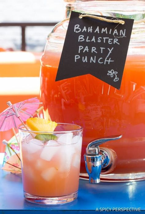 Fabulous Bahamian Blaster Party Punch - Large Batch Summer Cocktail Recipe! | ASpicyPerspective.com Party Cocktails Big Batch, Party Punch Alcohol, Caribbean Cocktails, Cocktail Recipes For A Crowd, Batch Cocktail Recipe, Party Punches, Alcoholic Punch Recipes, Rum Punch Recipes, Party Punch Recipes