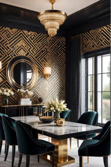 Small dining room with dramatic gold and black wallpaper Small Eating Space, Wallpaper Dining Room Ideas, Room Zoning, Bold Dining Room, Wallpaper For Dining Room, Dramatic Wallpaper, Velvet Dining Room Chairs, Glam Dining Room, Glam Dining