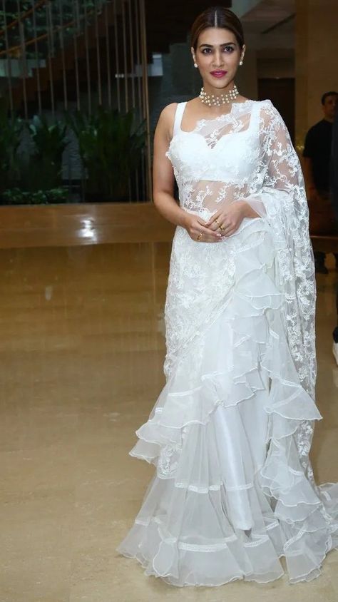 Organza Ruffle Saree, White Saree Blouse, Sari Design, Partywear Dresses, Ruffle Saree, Indian Saree Blouses Designs, White Saree, Kriti Sanon, Indian Bridal Fashion