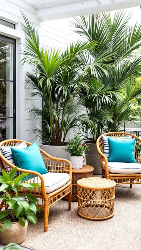 Add warmth to your patio with tropical decor that’s full of color and comfort 🏝️🍃. Perfect for sunny days! Patio Greenery Ideas, Lanai Decorating Ideas Florida, Lanai Decorating Ideas, Tropical Outdoor Patio, Tropical Apartment, Lanai Decor, Lanai Decorating, Tropical Patio, Tropical Outdoor