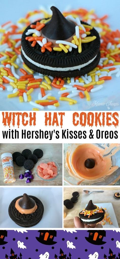 Witch Hat Cookies for Halloween (with Hershey's Kisses and Oreos) | Mama Cheaps Halloween Cooking Ideas, Halloween Snacks Diy, Halloween Food Snacks, Cookies For Halloween, Witch Hat Cookies, Halloween Oreos, Recetas Halloween, Halloween Treats For Kids, Hat Cookies