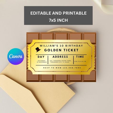 Golden Ticket Birthday Dijital Invitation Tamplate, Charlie Chocolate Factory Birthday Invitation, Ticket Invitation, Instant Download, WWN Golden Ticket Birthday, Ticket Invitation Template, Charlie Chocolate Factory, Golden Ticket, Ticket Invitation, Safari Park, Willy Wonka, Chocolate Factory, 10th Birthday