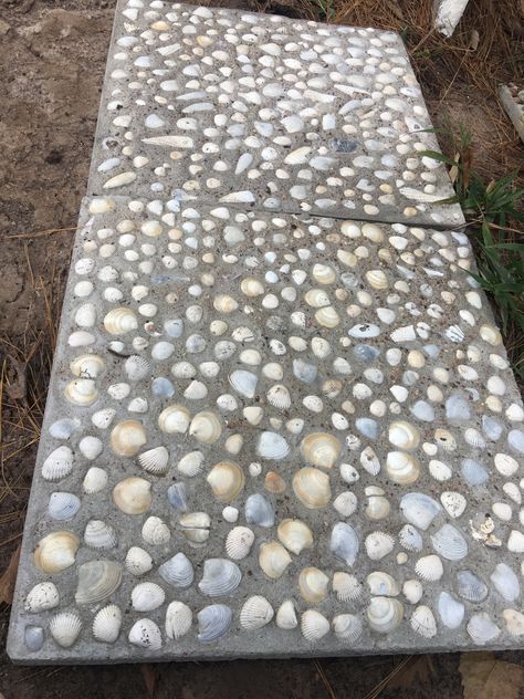 #seashells #walkway # pattern #white #shells #concrete #embedded Shells In Concrete, Sea Shell Stepping Stones, Seashell Walkway, Mosaic Pavers, Walkway Pattern, Island Landscaping, Homestead Projects, Cove House, Homestead Layout