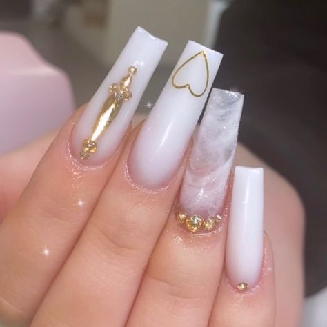 Milky White Butterfly Nails, Good And White Nails, White Nails With Gold Rhinestones, White Powder Nails With Design, Cute White And Gold Nails, Milky White Nails Design Ideas, Milky White And Gold Nails, White And Clear Nails, Clear Marble Nails