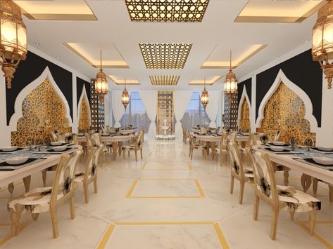 Mughal Theme Restaurant, Arabic Interior Design Restaurant, Arabian Cafe Interior Design, Modern Indian Restaurant Interior, Middle Eastern Restaurant Design, Restaurant Ceiling Design Modern, Turkish Restaurant Design, Indian Restaurant Interior Design Modern, Arabian Restaurant Interior Design