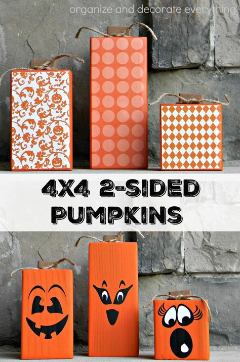 Make these simple 4x4 2-sided Pumpkins to display for Fall, Halloween, and Thanksgiving using vinyl and scrapbook paper. 4x4 Crafts, 4x4 Wood Crafts, 2x4 Crafts, Fall Wood Crafts, Halloween Wood Crafts, Adornos Halloween, Fall Halloween Crafts, Fall Crafts Diy, Autumn Crafts