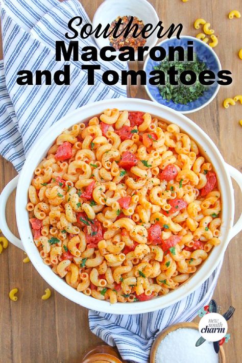 Southern Macaroni and Tomatoes is a classic dish that requires a six basic ingredients and a few minutes to make. This easy side dish pairs with everything from chicken to pork Meal On A Budget, Macaroni And Tomatoes, Family Dinner Night, Southern Dinner, Recipes For Busy Moms, Macaroni Recipes, Dinners Easy, 30 Minute Dinners, Healthy Weeknight Meals