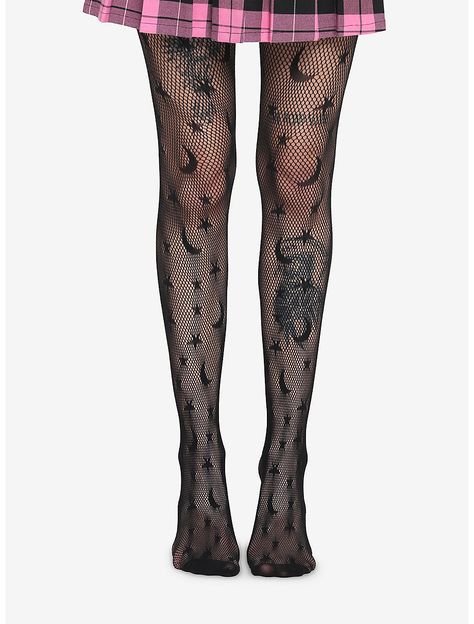 Black Celestial Fishnet Tights Moons And Stars, Written In The Stars, In The Stars, Fishnet Tights, Star Stitch, Girls Socks, Socks And Tights, Drip Dry, Black Tights