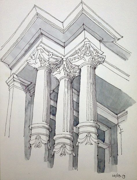 3 Columns on an entry portico to an apartment building in Park Slope, Brooklyn. Ink and grey wash freehand sketch on location. A man chased me away! Freehand Sketch, Park Slope Brooklyn, Architecture Drawing Sketchbooks, Istoria Artei, Building Sketch, Architecture Sketchbook, Interior Design Sketches, Architecture Design Sketch, Park Slope