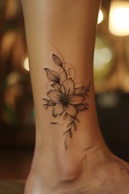 20+ Captivating Lily Tattoo Ideas for Every Style Lily Flower Wrist Tattoo, Best Tattoo Cover Up Ideas For Women, Lilies And Roses Tattoo, Tropical Ankle Tattoo, Female Lower Leg Tattoos, Elegant Sunflower Tattoo, Woman Small Tattoo Ideas, Single Line Lily Tattoo, Lilly Wrist Tattoo