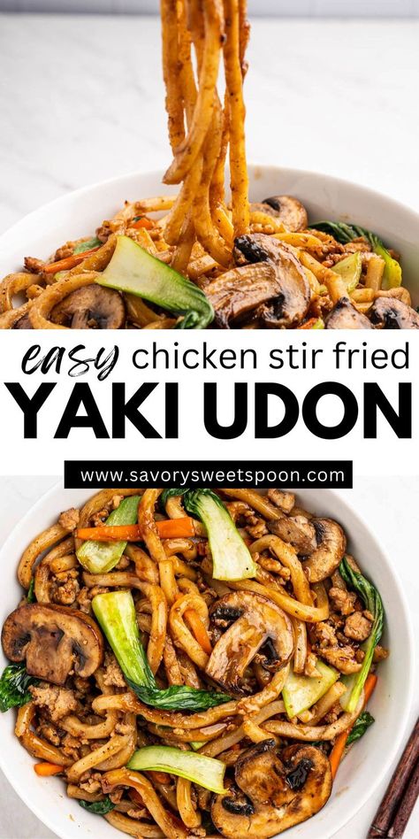 Chicken Yaki Udon is an easy 20-minute dinner that’s packed with flavor! This delicious stir-fry features ground chicken, fresh veggies, and thick udon noodles tossed in a savory sauce, making it a quick and satisfying meal for busy weeknights. Perfect for the whole family! Peanut Chicken Udon Noodles, Ground Turkey Udon Noodles, Udon Chicken Stir Fry, Yaki Udon Chicken, Chicken Udon Stir Fry, Ground Chicken Lo Mein, Chicken Udon Noodle Recipe Soup, Chicken Udon Noodle Recipe Stir Fry, Udon Noodle Recipe Chicken