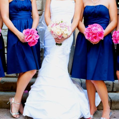 Royal Blue and Pink - 10 of the Best Colors that Go with Royal Blue - EverAfterGuide Hot Pink And Navy Wedding, Pink And Navy Wedding, Fuschia Wedding, Royal Blue Bridesmaids, Pink Wedding Colors, Royal Blue Bridesmaid Dresses, Neutral Wedding Flowers, Hot Pink Weddings, Wedding Color Combos