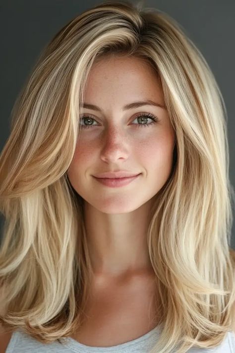 A woman with long blonde hair and a gentle smile looks directly at the camera. Gold Hair With Blonde Highlights, Cool Blonde Hair Color Pale Skin, Single Process Blonde, Classy Blonde Hair, Warm Honey Blonde Hair, Blonde Hair With Blonde Highlights, Dark Hair Blonde Highlights, Honey Blonde Hair Ideas, Blonde Hair With Fringe