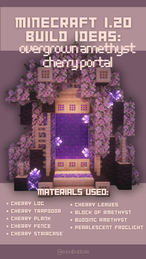 Cottagecore Base Minecraft, Minecraft Nether Portal Design Cherry Blossom, Cherry Blossom Cliff House Minecraft, Minecraft Cherry Nether Portal, Glowberry Minecraft, Potion Station Minecraft, Cherry Enchanting Room Minecraft, Cherry Blossom Nether Portal Ideas, Nether Portal Cherry Blossom