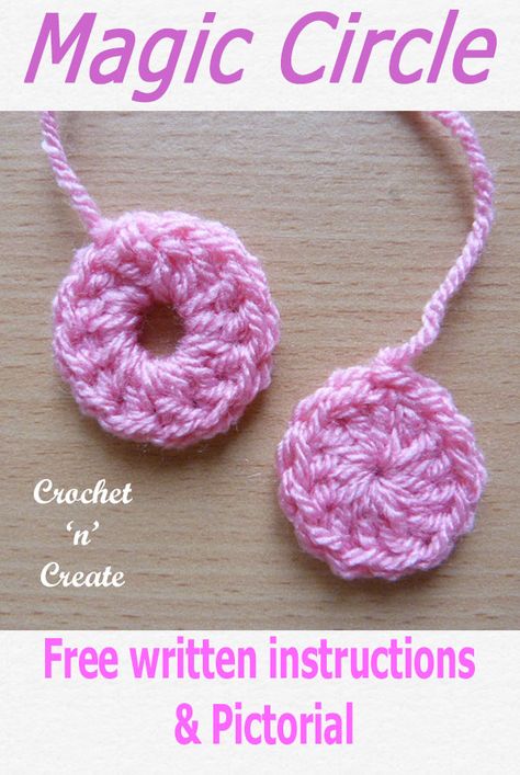 Free crochet pictorial on how to make a magic circle, learn from my step by step pictures how to make rounds without large holes. To get the pictorial CLICK and scroll down the page for the instructions on crochetncreate.com Magic Circle Crochet, The Magic Circle, Magic Ring Crochet, Crochet Beginners, Crochet Tips, Crochet Circles, Crochet Lessons, Crochet Stitches For Beginners, Crochet Inspiration