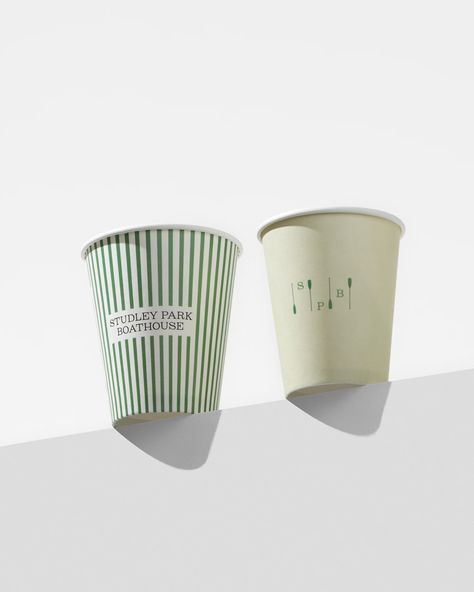 Studley Park Boathouse - Studio Sly Matcha Cups Design, Paper Coffee Cup Design Ideas, Food Card Design, Cafe Merchandise, Cafe Packaging, Takeaway Coffee Cups, Paper Cup Design, Bake Sale Packaging, Coffee Shop Branding