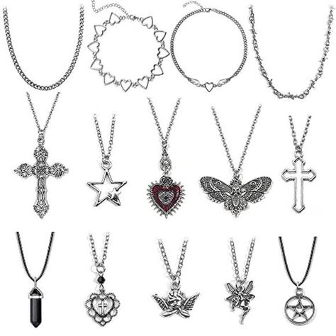 LIRUNQIN 14 Pcs Grunge Goth Necklace Set Y2k Grunge Jewelry Gothic Cross Y2k Sta Edgy Grunge Aesthetic, Grunge Jewellery, Grunge Necklaces, Goth Styles, Grunge Clothes, Grunge Jewelry, Goth Necklace, Gothic Cross, Jewelry Gothic