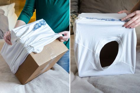 Diy Cat Tent, Cardboard Box Diy, Katt Grejer, Diy Cat Bed, Kat Diy, Chat Diy, Cardboard Cat House, Homemade Cat Food, Diy Tshirt