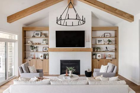 34 TV Wall Ideas That Are Both Functional and Stylish Shelves Around Fireplace, Renovated Craftsman, Tv Wall Ideas, Black White Bedrooms, Tv Built In, Light And Dwell, White Shiplap Wall, Modern Tv Wall, Linear Fireplace