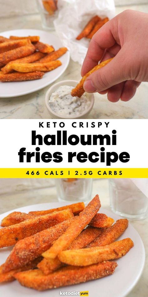 Crispy Keto Halloumi Fries - A crispy crunch, soft and chewy cheese coated in spicy paprika and almond flour to create the perfect side or appetizer. Quick and easy to make, they’re a great choice on those days you need a delicious snack too! Halloumi Fries, Fried Halloumi, Ketogenic Diet For Beginners, Fries Recipe, Keto Challenge, Keto Food List, Keto Recipes Dinner, Low Carb Meals Easy, Keto Dessert Recipes