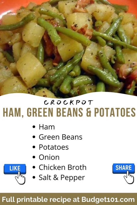 The tastiest, easiest leftover ham crockpot recipe ever! #Budget101 Ham Green Beans Potatoes, Ham Green Beans And Potatoes, Ham And Green Beans, Crockpot Green Beans, Beans And Potatoes, Crockpot Ham, Green Beans And Potatoes, Tandoori Masala, Crockpot Dishes