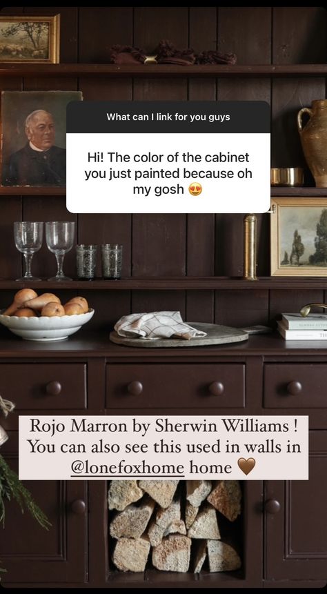 Paint Colors For Dark Academia, Dark Cottagecore Paint Colors, Brown Dining Room Walls, Brown Painted Cabinet, Moody Blue Dining Room, Dark Academia Aesthetic Paint Colors, Deep Reddish Brown Farrow And Ball, Farrow And Ball Mahogany Paint, Moody Kitchens