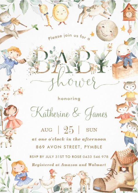 Nursery Rhyme Baby Shower Theme, Nursery Rhyme Shower Game, Story Book Baby Shower Themes, Nursery Rhyme Trivia Baby Shower Games, Baby Shower Invitations Books Not Cards, Nursery Rhyme Art, Nursery Rhyme Theme, Chic Nursery, Moon Baby Shower