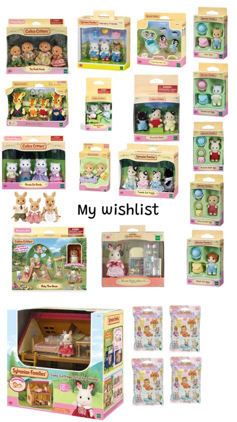 Sylvanian families wishlist!! Calico Critters Families, Sylvanian Families, Cute Toys, Christmas Wishlist, Create Collage, Creative Play, Hello Kitty, Kitty, Collectibles