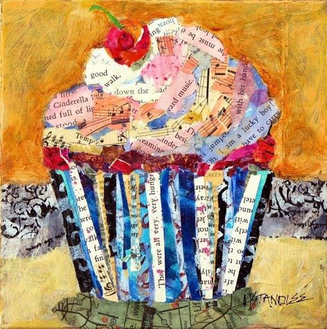 Cupcake Collage, Texas Collage, Nancy Standlee, Lucky Boy, Collage Art Projects, Paper Collage Art, Magazine Collage, Music Sheets, Torn Paper