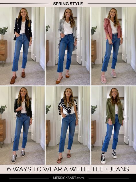 6 Ways to Wear A White Tee + Jeans for Spring - Merrick's Art Madewell Leather Jacket, Clothing Capsule, Create Capsule Wardrobe, White Tee Jeans, 2024 Lookbook, Casual Mom Style, Spring Summer Capsule Wardrobe, Madewell Jacket, Color Combos Outfit