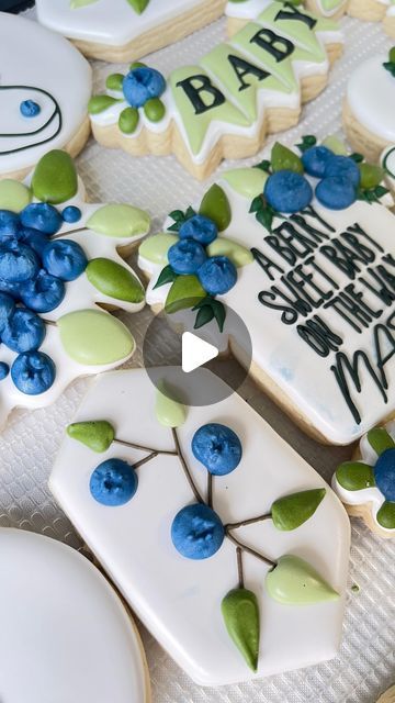 Petite Cakes on Instagram: "Oh my goodness aren’t these precious. First time making blueberry themed baby shower cookies and I’m in love. What do you guys think? #insta #instagram #sugarcookies #bakerslife #blueberrycookies" Blueberry Baby Shower Cookies, Blueberry Baby Shower Theme, Berry Ideas, Petite Cakes, Baby Shower Balloon Arch, Blueberry Cookies, Shower Cookies, Baby Cookies, Oh My Goodness