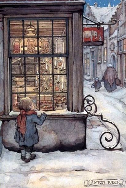 Anton Pieck (1895-1987)                                                                                                                                                                                 More Anton Pieck, Postal Vintage, Dutch Painters, Art Et Illustration, Dutch Artists, Window Shopping, Christmas Scenes, Art And Illustration, Vintage Christmas Cards