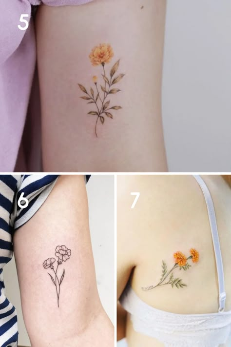 October Birth Flower Tattoo Ideas {Marigolds + Cosmos} - TattooGlee Marigold Tattoo Behind Ear, Marigold Minimalist Tattoo, October Birth Flowers Tattoo, Cosmos Flower Tattoo October, Small Marigold Tattoo, Marigold Tattoo October, Cosmos Tattoo Flower, Cosmos Flowers Tattoo, Freyja Tattoo