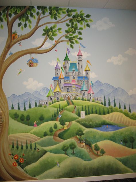 castle-under fairy tree Murals Outdoor, Fairy Mural, Castle Mural, Outdoor Murals, Castle Illustration, Castle Painting, Kids Room Murals, Storybook Art, Room Wall Painting