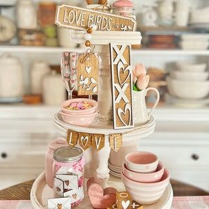 Valentines Wooden Gifts, Valentines Table Centerpieces, Valentines Day Centerpieces, Valentines Bricolage, Valentine Centerpieces, Tier Trays, Tiered Tray Diy, Engagement Party Gifts, Valentines Decor