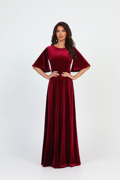 Buy Dark Burgundy Bridesmaid Velvet Dress A Line Maxi Gown Dress online on Etsy India. Shop for handmade, vintage and unique Bridesmaid Dresses items from DesirCouture online on Etsy A Line Dress Formal, Round Neckline Dress, Burgundy Velvet Dress, Unique Bridesmaid Dresses, Velvet Dress Long, Burgundy Bridesmaid, Maid Of Honour Dresses, Dress Velvet, Flare Sleeve Dress