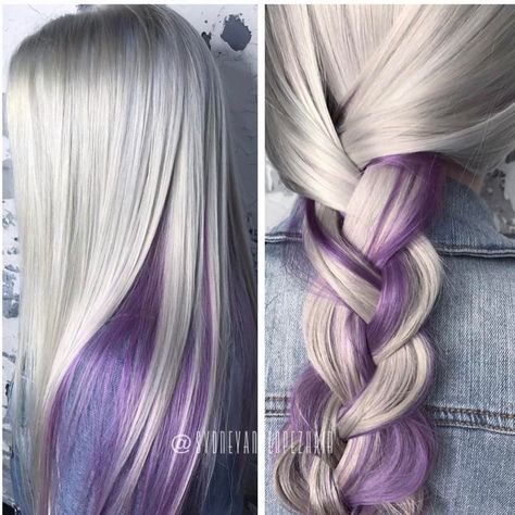 Peekaboo amethyst in icy white hair #goodhairdaybysydlopez #headlineshairdesigndentontx #hairandmakeupbysyd Icy White Hair, Purple Blonde Hair, White Ombre Hair, Purple Ombre Hair, Mom Hair, Ombre Blond, Brown Ombre Hair, Peekaboo Hair, Purple Highlights