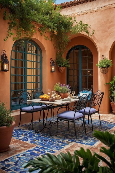 Mediterranean Garden Patio, Tatooine House, Tuscan Patio Ideas, Small Mediterranean House, Cuban House, Billowing Curtains, Mediterranean Patio Ideas, Mediterranean Curtains, Mediterranean Cafe