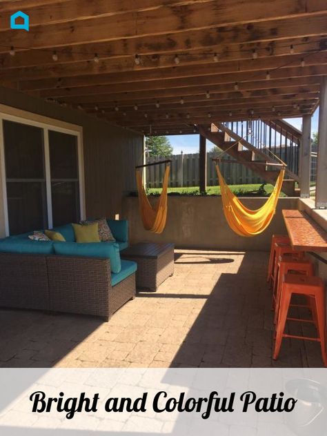 Small Patio Under Deck, Tall Decks, Bohemian Patio Furniture, Walkout Basement Patio, Basement Patio, Make A Bar, Patio Under Decks, Hammock Chairs, Sunken Patio