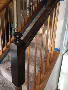 Java Gel Stain Staircase, Gel Stain Banister Stairs, Gel Stain Stair Rail, Refinish Oak Stair Railing, Replacing Handrail On Stairs, How To Paint Banister, Painting Wood Banister, Budget Stair Makeover, Staining Stair Rail