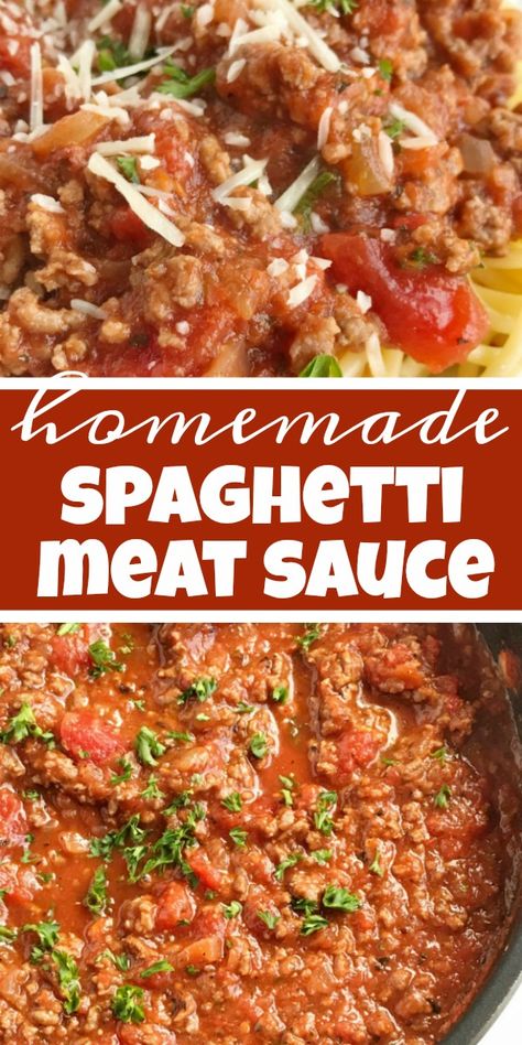 Homemade Spaghetti Meat Sauce | Spaghetti | Pasta Recipe | Ditch the canned spaghetti sauce for this flavorful, beefy, homemade spaghetti meat sauce. Only takes a few minutes to prepare and then let it simmer for amazing flavor. Serve over pasta noodles with some garlic bread for a delicious dinner that will please everyone. #dinner #pasta #easydinnerrecipe #spaghetti #spaghettisauce #homemade #dinnerrecipes #dinnerideas #groundbeef #healthyrecipe Meat Sauce Spaghetti, Homemade Spaghetti Meat Sauce, Spaghetti Pasta Recipe, Greek Meals, Best Spaghetti Sauce, Homemade Spaghetti Sauce Recipe, Canned Spaghetti Sauce, Spaghetti Recipes Easy, Homemade Meat Sauce