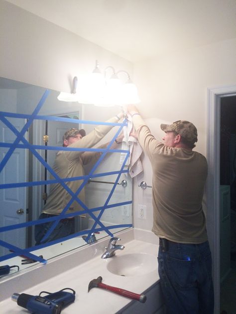 How to safely and easily remove a large bathroom builder mirror from the wall Large Bathroom Mirrors, Bathroom Improvements, Large Bathroom, Mirror Wall Bathroom, Bathroom Redo, Large Bathrooms, Bathroom Renos, Large Mirror, Bath Remodel