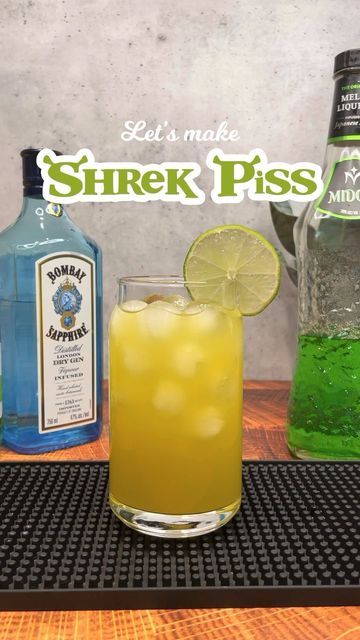 Tipsy Goat Cocktails on Instagram: "Shrek Piss 🧌💦 Ingredients - 1oz Tequila - 1oz Peach Schnapps - 1/2oz Gin - 1/2oz Triple Sec - 1/2oz Sour Apple Pucker - 1oz Watermelon Pucker - 1/2oz Midori - 1/2oz Sweet & Sour Mix - Pineapple Juide #cocktailrecipes #cocktails #cocktail #drinkrecipes #drinks #mixology #cocktailtime #drink #drinkstagram #cocktails30sec" Shrek Inspired Cocktails, Shrek Inspired Drinks, Shrek Themed Shots, Sourpuss Cocktails, Shrek Alcoholic Drinks, Swampwater Cocktail, Shrek Party Drinks, Shrek Themed Cocktails, Sour Apple Schnapps Drinks