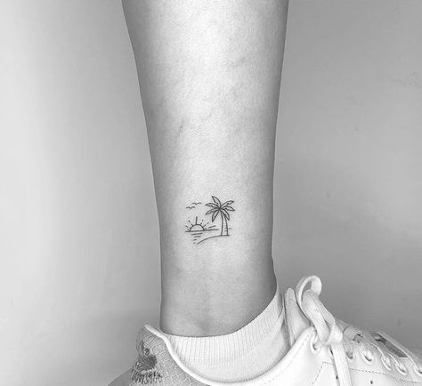 Beach Themed Tattoos Minimalist, Simple Hawaii Tattoo, Beach Couple Tattoos, Small Island Tattoo, Beach Minimalist Tattoo, Small Tropical Tattoo, Tiny Beach Tattoos, Small Beach Tattoo, Summer Tattoo Ideas