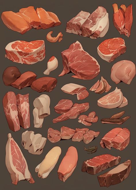 Meat Art, Studying Food, Props Concept, Food Artwork, Digital Painting Techniques, Fashion Illustrations Techniques, Props Art, Food Illustration Art, Cute Food Art