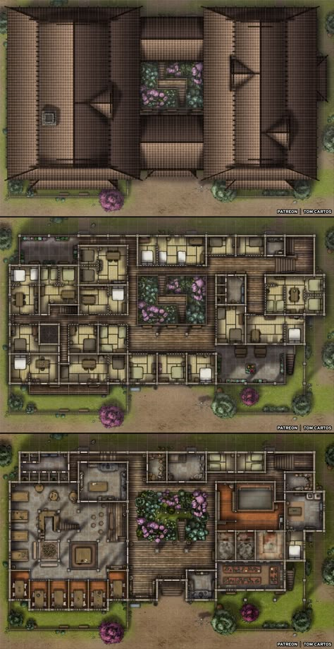 One of the oldest and largest buildings in Iido, the Inn and Bath house is the heart of the community. After a long days work all of the farmers, merchants and artisans find their way to sit by the warm fire, listen to music and catch up on the local gossip. Click the link to find out more. #tomcartos #battlemap #map #ttrpg #dnd #pathfinder#dungeonsanddragons #l5r #5e #free #japan #feudal #japanese #inn #tavern #bathhouse #spa Rumah Minecraft Sederhana, Fantasy City Map, Japanese Home Design, Building Map, Japanese Style House, Feudal Japan, Traditional Japanese House, Hotel House, Fantasy World Map