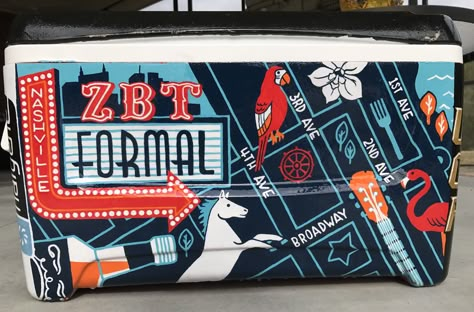 Painted frat cooler #nashville #formal #zbt Nashville Formal, Formal Flask, Mountain Weekend Cooler, Painted Fraternity Coolers, Nola Cooler, Canvas Sorority, Parking Lot Painting, Formal Cooler Ideas, Fraternity Formal